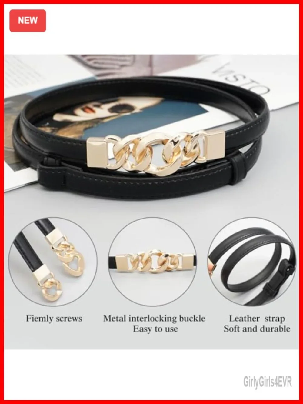 Skinny PU Leather Belt with Gold Buckle for Dresses